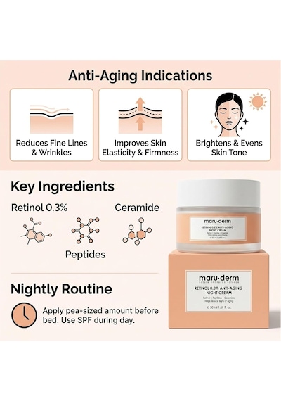 Maruderm Retinol%0.3 Yaşlanma Karşıtı Gece Kremi Kırışıklık Karşıtı Yenileyici Yüz Kremi, Seramid & Peptit Kompleksi İle, 50 Ml