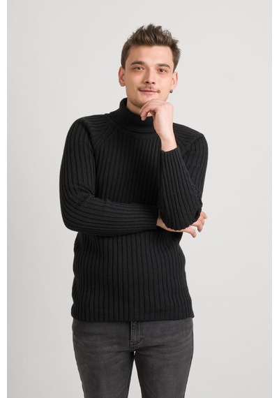 Slim Fit Çizgili Tam Balıkçı Pamuklu Kalın Triko Erkek Kazak 001