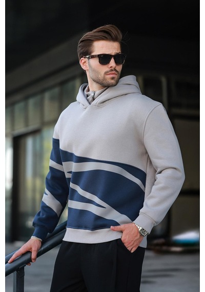 Madmext Boyalı Gri Kapüşonlu Fermuar Yaka Desenli Erkek Sweatshirt E7162 Gri