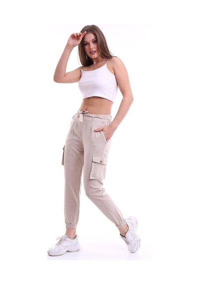 Winmoda34 Keten Pantolon Kargo Cepli Lastik Paça Taş Rengi Taş