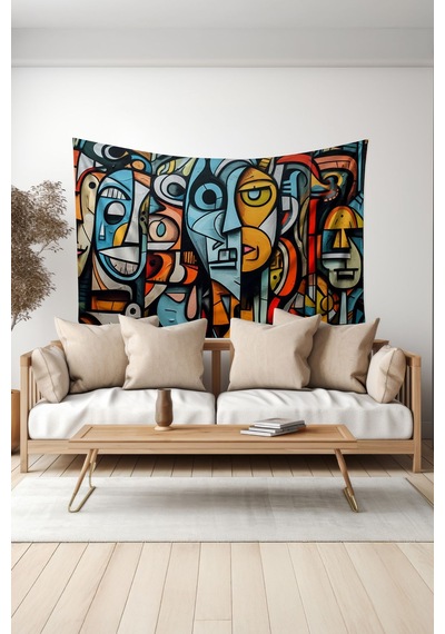 Renkli Yüzler Desenli Duvar Halısı Duvar Örtüsü Tapestry Süet Dokulu Kumaş