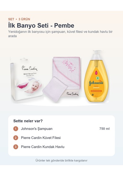 İlk Banyo Seti 3 Parça: Johnson's Şampuan + Küvet Filesi + Kundak Havlu - Pembe