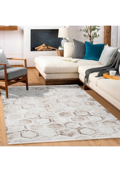 Bespoky Argilla Geometrik Modern Salon Halısı Makine Dokuma Krem