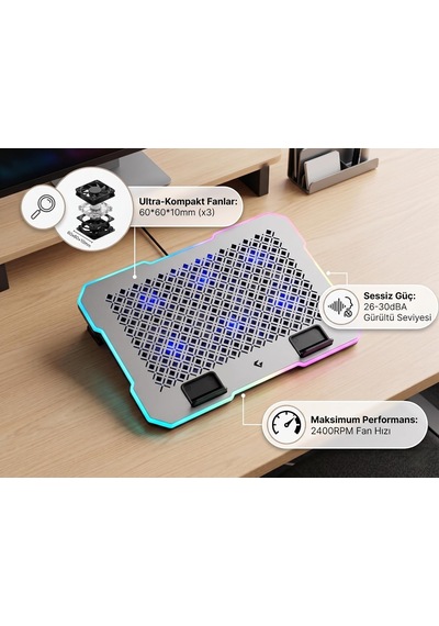 6 Fanlı Rgb Notebook Soğutucu, 9-17 İnç Laptop Uyumlu, 5 Kademeli Ergonomik Yükseklik Ayarı, Çift Usb Girişli, 10 Farklı Işık Modu Güçlü Soğutma Çözümü, Laptop Stand Ea-01