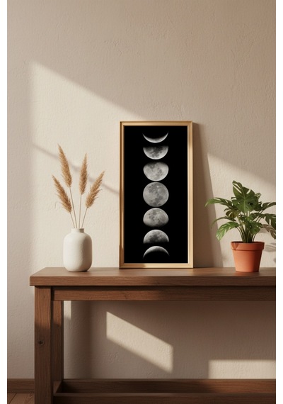 Ayın Evreleri Tablosu 60x25 Cm Çerçeveli Duvar Tablosu Moon Phases Dekoratif Tablo