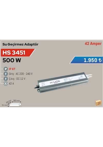 500w Su Geçirmez Adaptör, 12v 42a Hs 3451 Gri