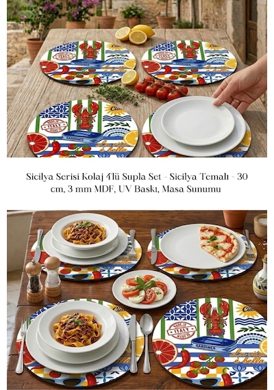 Sicilya Serisi Kolaj 4lü Supla Set 30 Cm Mdf Uv Baskı Çok Renkli