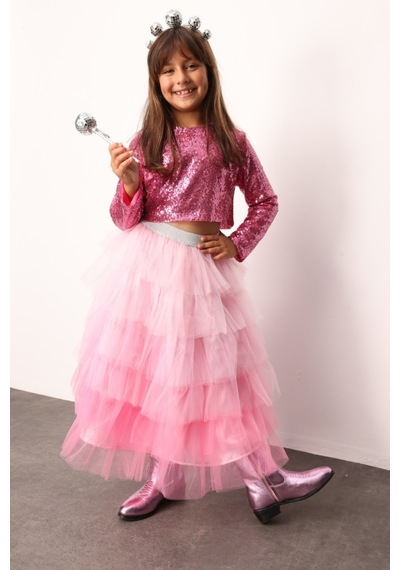 Le Mabelle Pembe Katlı Tüllü Kız Çocuk Uzun Etek - Azalea Pembe