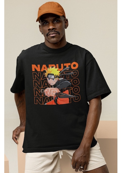 Naruto Uzumaki Baskılı Unisex Oversize Anime Dizi Karakter Tişört Siyah