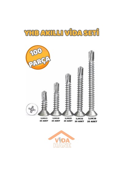 Vida Hane 100 Parça Yhb Akıllı Vida Seti 3,9x13 - 3,9x19 - 3,9x25 - 3,9x32 - 3,9x38 Ph2 1