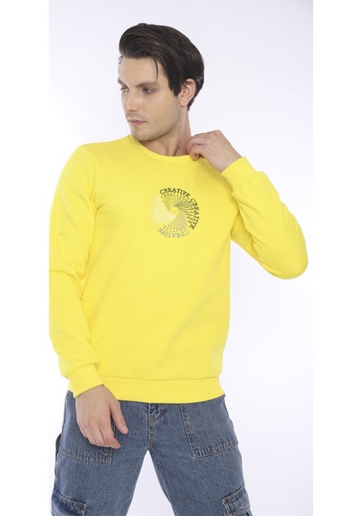 Escetic Erkek Spor Slimfit, Bisiklet Yaka Sarı Sweatshirt-4267