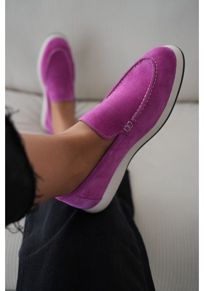 Felina Hakiki Süet Düz Tabanlı Kadın Loafer- Fuşya