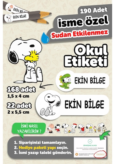 Okul Etiketi Kalem Defter İsimli Etiket Isim Yazılabilen Snopy - 190 Adet Özel Tasarım Etiket Çok Renkli