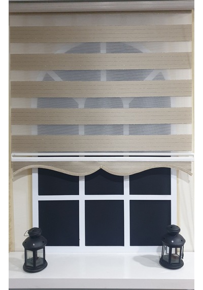 Zebra Stor Perde Organze Koyu Bej Gümüş Simli Etek Dilimli Stb910 Bej