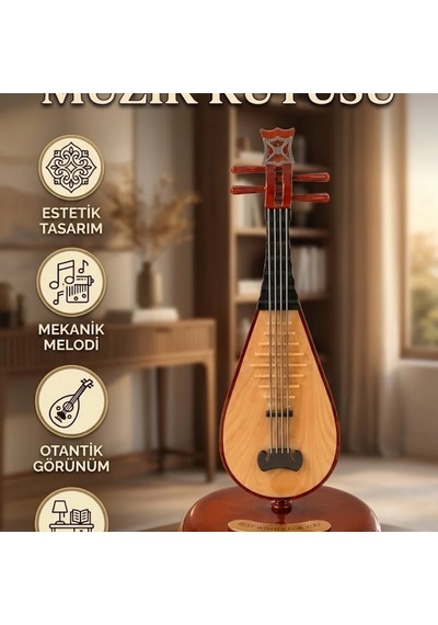 Ud Figürlü Ahşap Görünümlü Müzik Kutusu Dekoratif Melodili Tasarım
