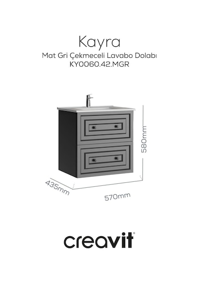 Creavit Kayra Lavabo Dolabı Çekmeceli 60cm Mat Gri Mat Gri