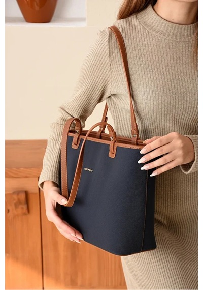 Just Polo Kadın Yeni Sezon Büyük Boy Lüks El Çantası Shopper Lacivert - Taba 46367547