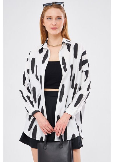 Armonika Kadın Siyah Fırça Desen Oversize Uzun Basic Gömlek Arm-22y001141