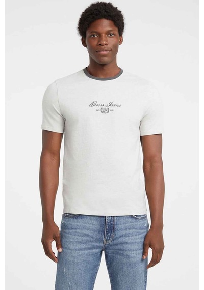 Guess Erkek Logo Baskılı Slim Fit T-shirt - Kırık Beyaz / Gri 444349