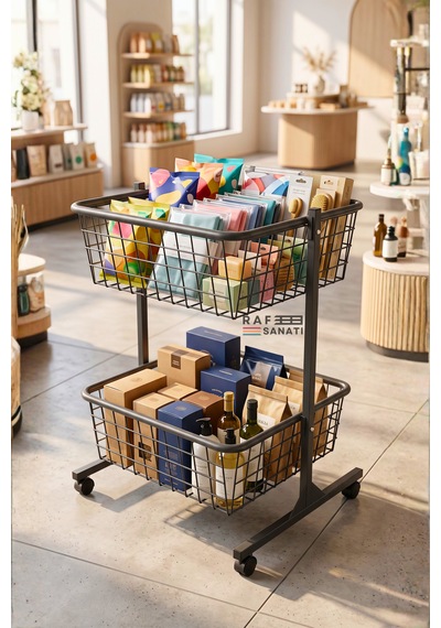 60x60 Cm Çift Katlı Tekerlekli Tel Havuz Sepet Market Mağaza Promosyon Ve Aksiyon Sepeti Antrasit
