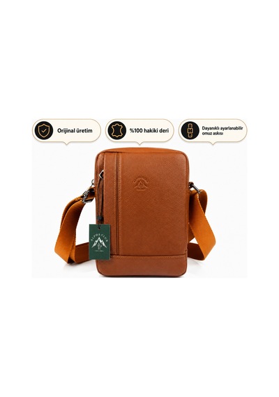 Alphaclub Bag Erkek Taba Hakiki Deri Postacı El Ve Omuz Çantası Orta Boy