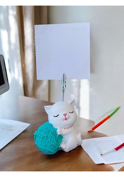 Turkuaz Yumaklı Oturan Kawaii Kedi Temalı Not Tutacağı Fotoğraf Tutacak Tutucu Ofis Hediyelik Turkuaz