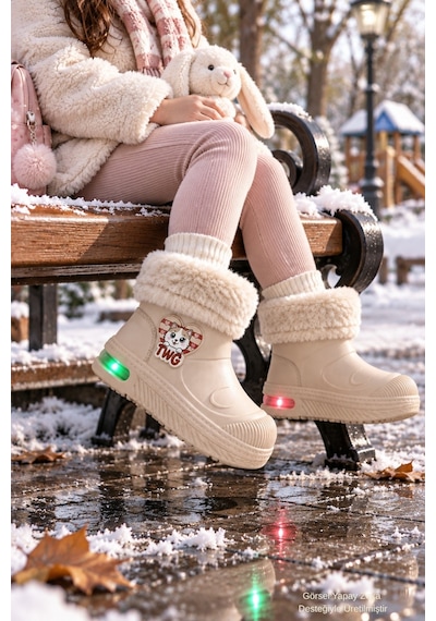 Muggo Muppy Işıklı Kürk Detaylı Unisex Çocuk Günlük Yağmur Ve Kar Botu Bej