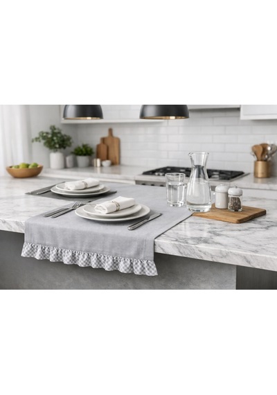 Faralya Life Ekose Fırfırlı Runner 45x140 Cm Pamuklu Masa Runner Dekoratif Masa Örtüsü Açık Gri