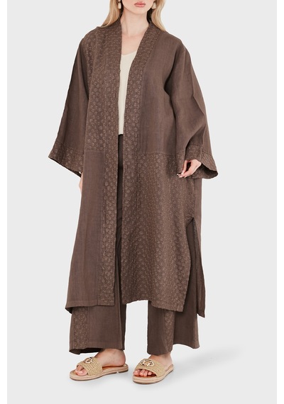 Via Dante % 100 Keten Brode İşlemeli Kimono Bayan Kimono 69912196 Kahve
