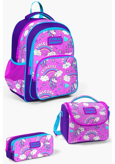 Coral High Kids Mor Açık Pembe Unicorn Desenli 3'lü Okul Çanta Seti Set0123404