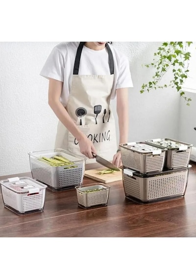 Vinoa 3'lü 2,5 Lt + 5 Lt + 9 Lt Süzgeçli Buzdolabı Düzenleyici Organizer + Saklama Kabı Beyaz