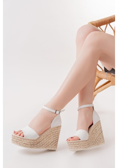 Asmi Shoes Kadın Dolgu Topuklu Ayakkabı Rahat Yüksek Topuklu 11cm Beyaz Beyaz