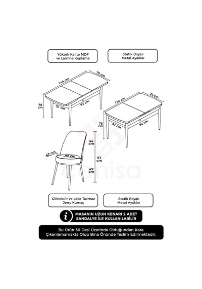 Canisa Concept Han Serisi 70x114 Açılabilir Mdf Mutfak Masası Takımı Beyaz Masa 6 Mor Sandalye Masa Beyaz Sandalyeler Mor
