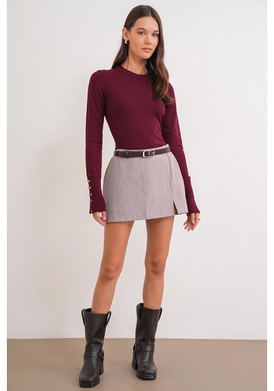 Mixray 6736 Kadın Bisiklet Yaka Kolu Droplu Triko Kazak Bordo Bordo