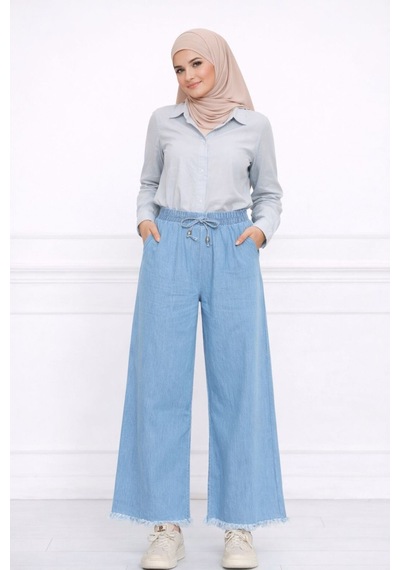 Hira Life Fashion Kadın Paçaları Püsküllü Ve Önü Bağcıklı Kot Kumaş Salaş Pantolon Mavi Mavi Hira Life Fashion Kadın Paçaları Püsküllü Ve Önü Bağcıklı Kot Kumaş Salaş Pantolon Mavi Mavi