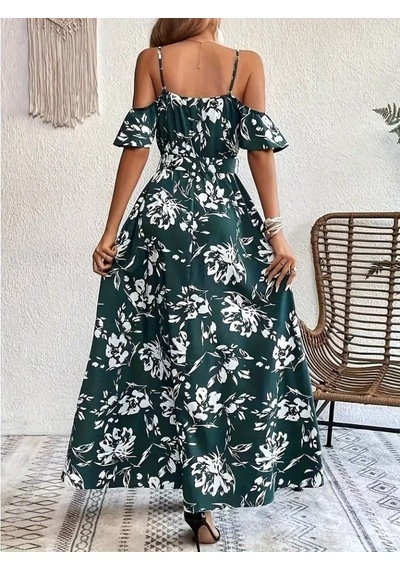 Efnaz Style Kadın Ip Askılı Kısa Kollu Kruvaze Yakalı Yırtmaçlı Desenli Süprem Elbise Yeşil