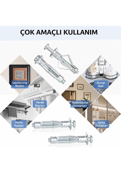 4x46 Metal Paraşüt Dübeli Alçıpan, Çelik, Tuğla & Bims Duvar Uyumlu Boşluk Dübel 5 Adet
