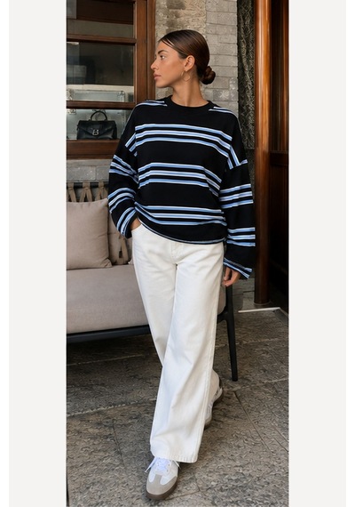 Hiccup Bıpantolon Kadın Oversize Çizgili Bisiklet Yaka Sweatshirt Siyah