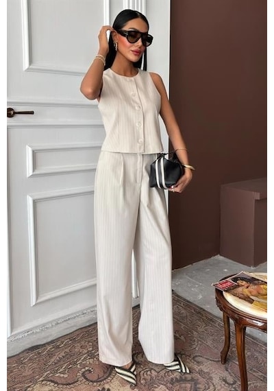 Moderie Butik Yelek Plazzo Pantolon Çizgili Flamlı Poliviscon Takım 10178 Vi Zon