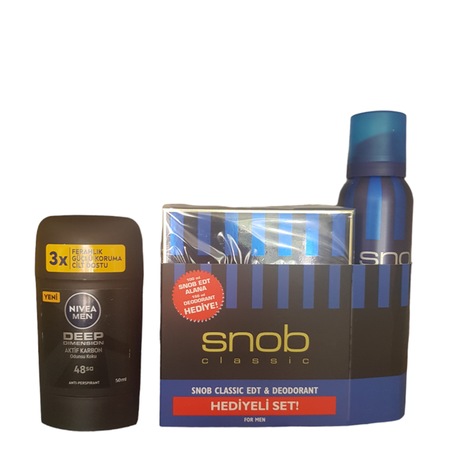 Snob Classic Erkek Parfüm EDT 100 ML + Classic Sprey Deodorant 150 ML + Nivea Men Deep Dimension Erkek Roll-On Deodorant 50 ML