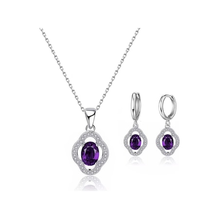 Brezza Lusso Jewelry Gümüş Ametist Taşlı Kadın Kolye Küpe Seti Gümüş Kolye Set 45 CM