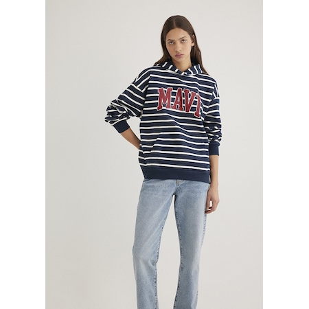 Mavi - Mavi Logo Baskılı Lacivert Çizgili Sweatshirt 1s10118-81518 Mavi