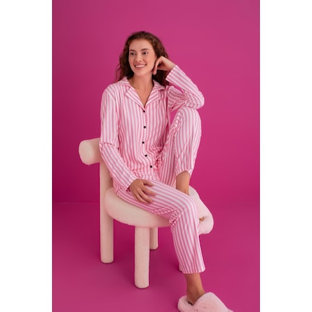 Kadın Süet Önden Düğmeli Pijama Takımı Çizgili Pembe Pembe - Beyaz