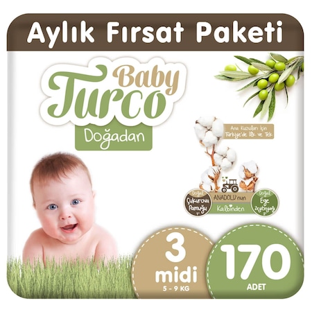 Baby Turco Doğadan Bebek Bezi 3 Numara Midi Aylık Fırsat Paketi 170 Adet