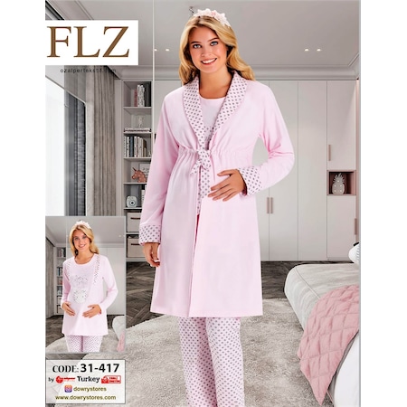 Flz Pijama Sabahlıklı Lohusa Pijama Takımı 3 Lü Pembe Kışlık