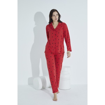 Elitol 952 Düğmeli Desenli Gömlek Yaka Kadın Pijama Takımı Kırmızı