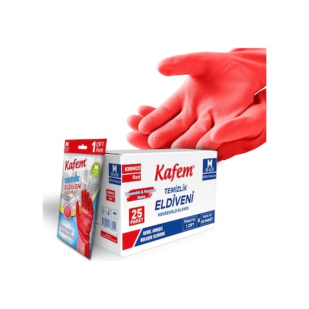 Kafem Temizlik Eldiveni (8-8,5) Medium Kırmızı X 25 Paket (Kutu)