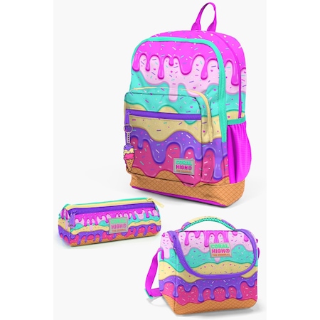 Coral High Kids Pembe Rengarenk Dondurma Desenli 3 Lü Okul Çanta Seti Set0123731