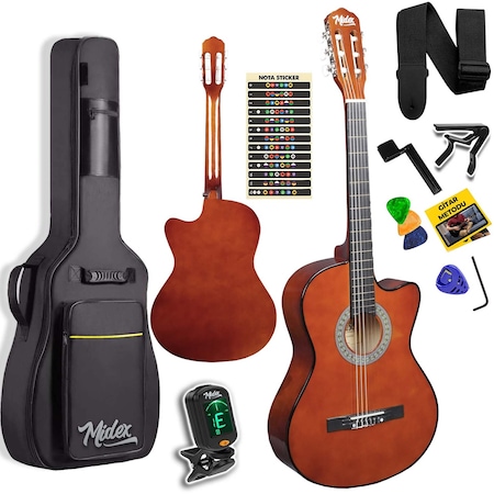 Midex Cg-390brw-xbag Klasik Gitar 4/4 Sap Ayarlı Kesik Kasa Çanta Tuner Askı Capo Metod Pena