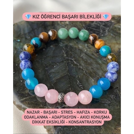 Doğal Taş Kız Öğrenci Başarı Bilekliği (Kaplangözü,Pembe Kuvars,Turkuaz, Akik,Sodalit ve Aventurin)